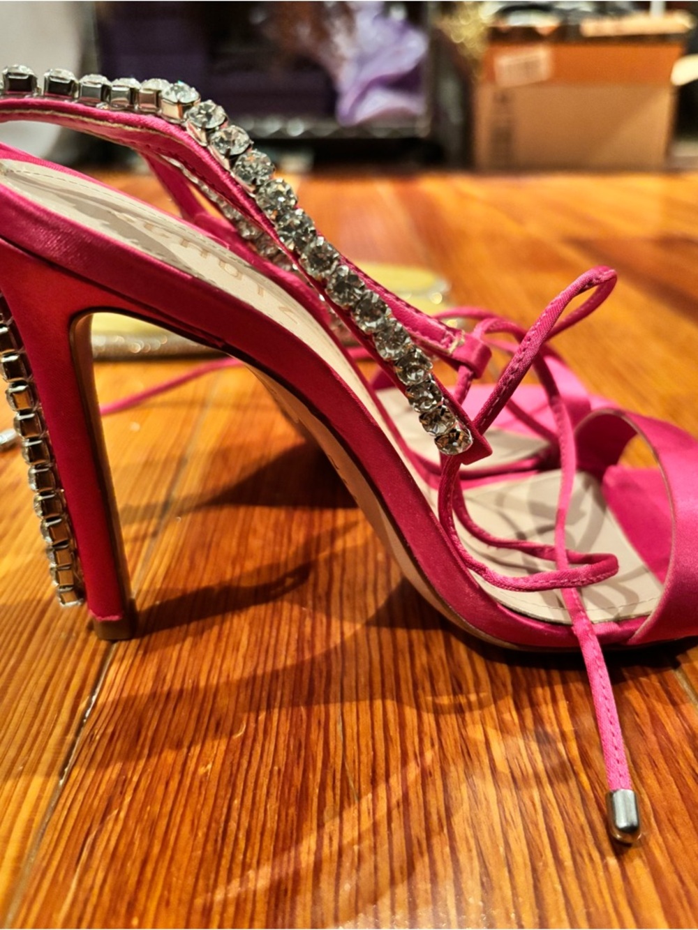 NWOB SCHUTZ Islah Hot Pink Satin Rhinestone Lace-Up Stiletto Sandals